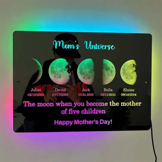 Custom-made acrylic mirror with text date and moon