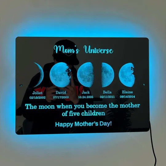 Custom-made acrylic mirror with text date and moon