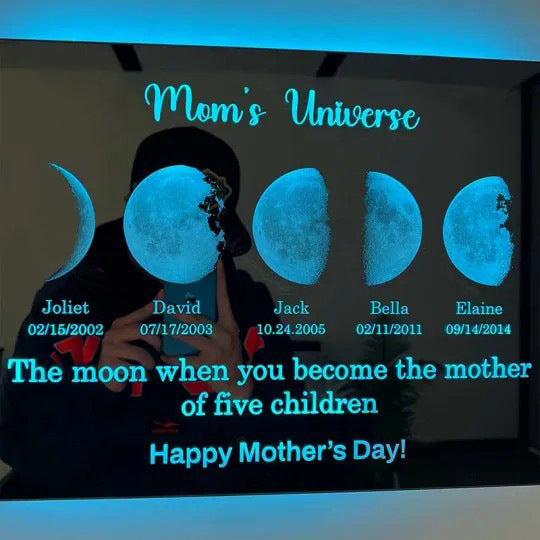 Custom-made acrylic mirror with text date and moon