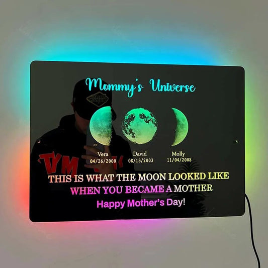 Custom-made acrylic mirror with text date and moon